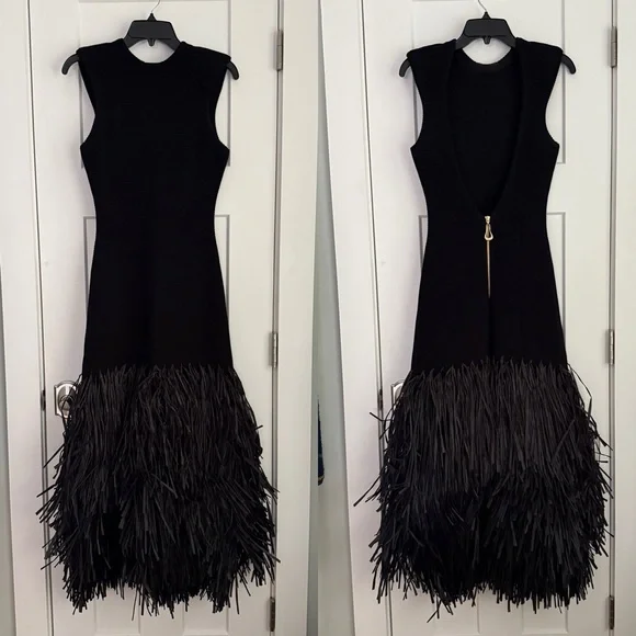 Aje Rushes Raffia Trimmed Ribbed Stretch Knit Dress Black - Picture 3 of 11